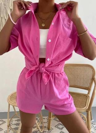 Костюм рубашка шорты качественный базовый голубой зеленый оранжевый розовый малиновый...