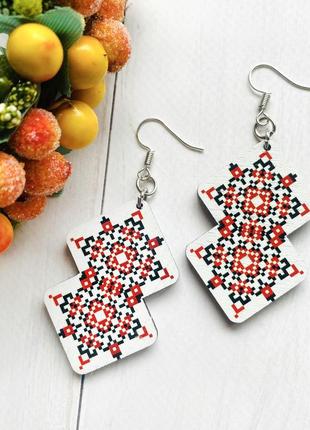 Серьги деревянные украинская вышиванка (принт 1.3)