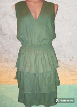 Жіноча сукня з  льону з воланами зеленого кольору літня красива базова повсякденна стильна