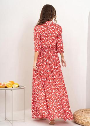 Красное хлопковое длинное платье в цветочек3 фото