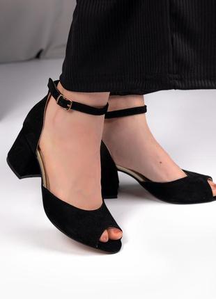 Замшевые черные женские босоножки каблук 6 см2 фото