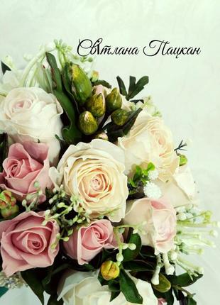 Букетик невесты ручной работы, цветы сделаны из фоамирана и полимерной глины2 фото