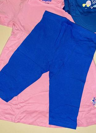 Комплект із 3 одиниць: платячко (туніка), велосипедик синього кольору, кепка з принтом // 98/1042 фото