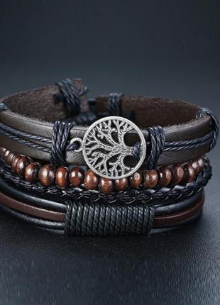 Кожаные браслеты "дерево жизни" многослойные, черно-коричневые1 фото