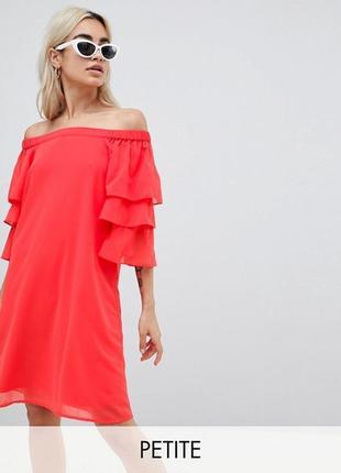 Vero moda платье оранжевое прямое трапеция миди новое с рукавом волан открыты плечи1 фото