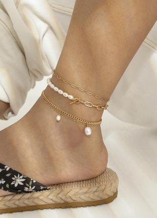 Набор браслетов на ногу из 4 штук, сет браслетов на ногу с жемчужинами «summer mood» (золотистый)1 фото