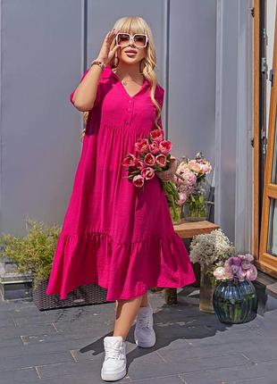 Шикарное льняное платье в стиле бохо свободное длинное с оборками розовое синее зелёное чёрное оливковое хаки большого размера батал