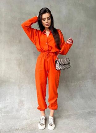Літній жіночий костюм двійка : штаны та сорочка оранжевий колір льон 42-44, 44-462 фото