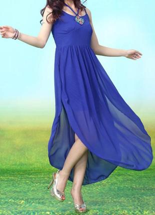 Женский сарафан без плечей шифоновый синий на бретельках s-m4 фото