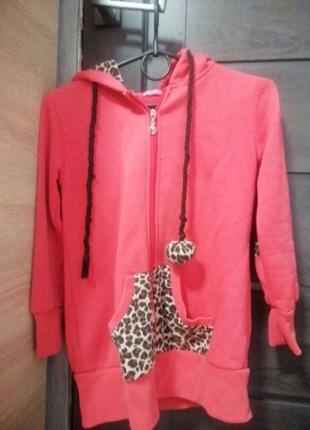 Кофта теплая с капюшоном с ушками розовая на замке