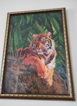 Картина бісером в рамці. тигр.1 фото