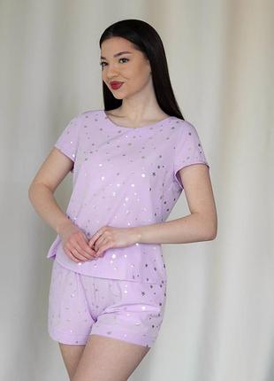 Женская летняя шелковая пижама с шортами лавандовая футболка и шорты