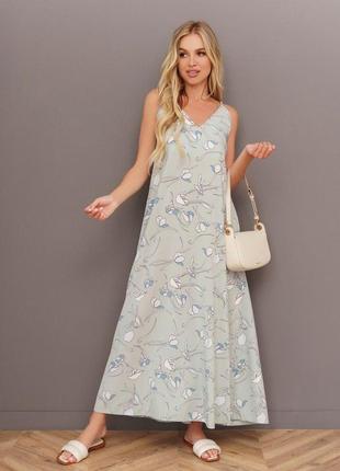 Оливковое платье-комбинация с цветочным принтом1 фото