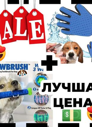 Комплект: зубна щітка для собак chewbrush + рукавички для чищення тварин pet gloves