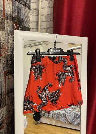 Красная яркая юбка с драконами, драконом, shein5 фото
