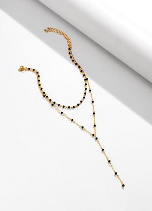 Стильное многослойное колье-галстук, цепочка с черными шариками, ожерелье "rumba"5 фото