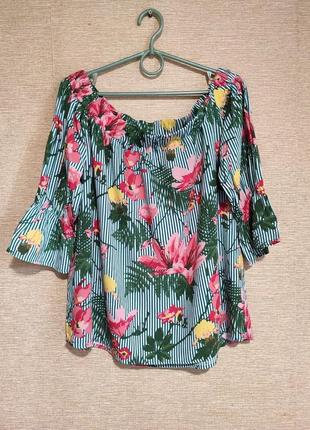 Вискозная блузка туника с открытыми плечами цветочный принт2 фото