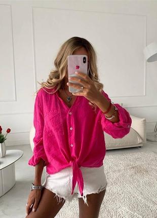 Льняная рубашка качественная базовая электричество синяя зеленая белая малиновая розовая трендовая стильная рубашка из льна