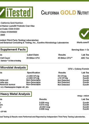 California gold nutrition, lactobif, cran-max, пробіотики, 25 млрд куо, 30 рослинних капсул4 фото