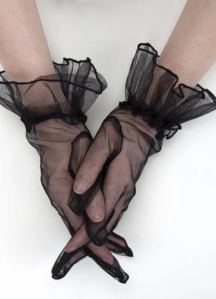 Короткі чорні фатинові рукавички прозорі , рукавички для фотосесії, вечірки, для стильних образів, рукавички з фатину сіточка