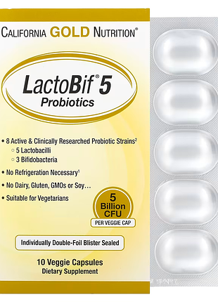 California gold nutrition, lactobif, пробіотики, 5 млрд куо, 10 рослинних капсул