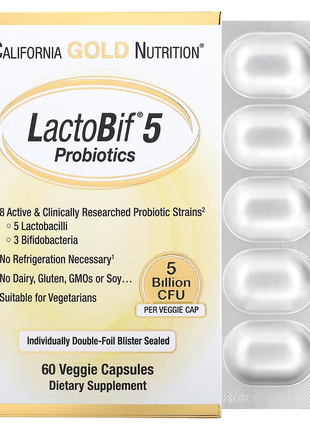 California gold nutrition, lactobif, пробиотики, 5 млрд кое, 60 растительных капсул