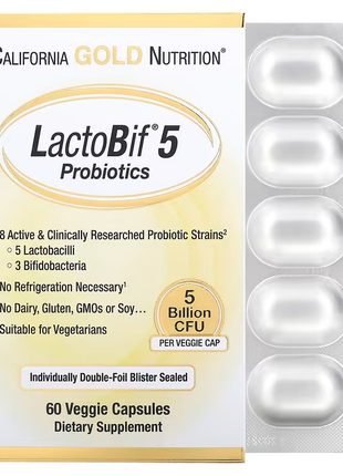 California gold nutrition, lactobif, пробіотики, 5 млрд куо, 60 рослинних капсул