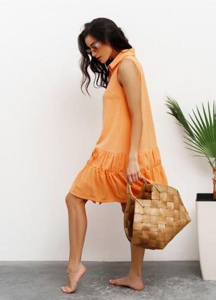 Оранжевое платье-рубашка с воланами2 фото