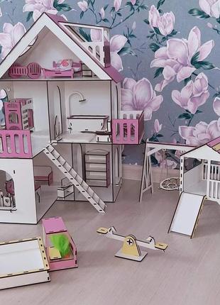 Кукольный деревянный сборный домик конструктор фанерный "розовые сны" с мебелью, текстилем и детской площадкой
