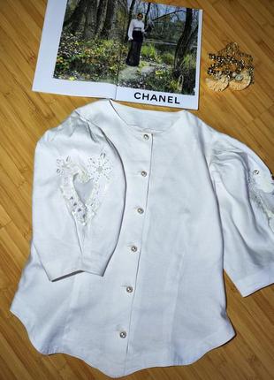 100% льон👑 неймовірна вінтажна біла блуза ,  рукава буфи з перлинками та пайетками , чудові гудзики-перлини5 фото