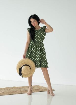 Летнее платье женское мини из льна зеленое без рукавов2 фото