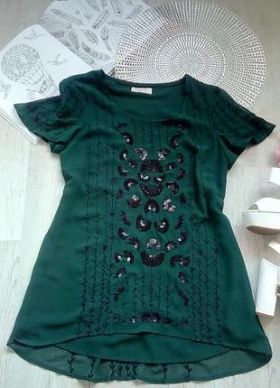 Кофточка блузка блуза актуальна смарагдова зелена фірмова з вишивкою бісером паеткамі3 фото