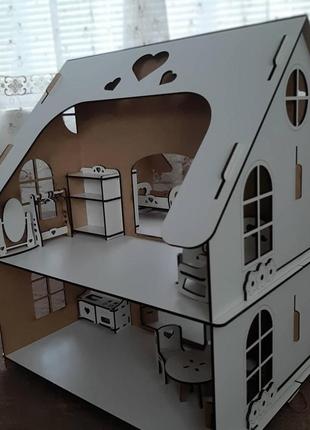 Дерев'яний двосторонній самозбірний іграшковий будиночок для ляльок на два поверхи з меблями та вікнами з фанери