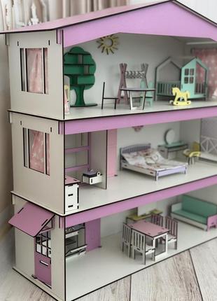 Дерев'яний збірний дитячий ляльковий будиночок триповерховий з комплектом меблів, з вікнами, з дверима і з балконом4 фото