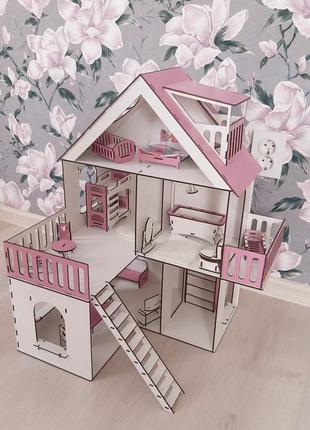 Дерев'яний дитячий самозбірний ляльковий будиночок для ляльок з меблями, з терасою, з балконом і зі сходами1 фото
