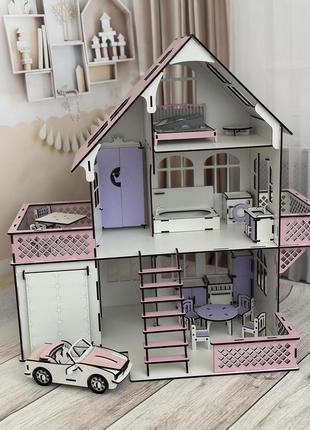 Дерев'яний самозбірний будиночок для лол з гаражем та машинкою + 17 предметів меблів, еко-ігровий набір для ляльок1 фото