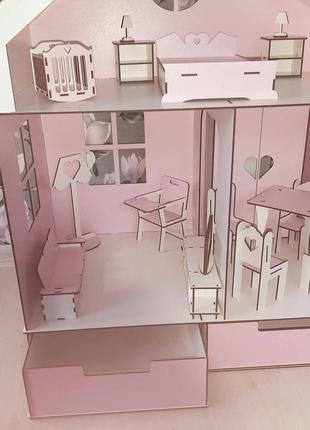 Дерев'яний ляльковий будиночок барбі з меблями (17шт) та висувними шухлядами, самозбірний ігровий набір із фанери6 фото