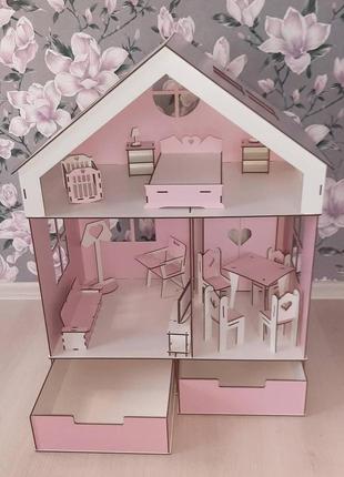 Деревянный кукольный домик барби с мебелью (17шт) и выдвижными шухлядами, самосборный игровой набор из фанеры3 фото