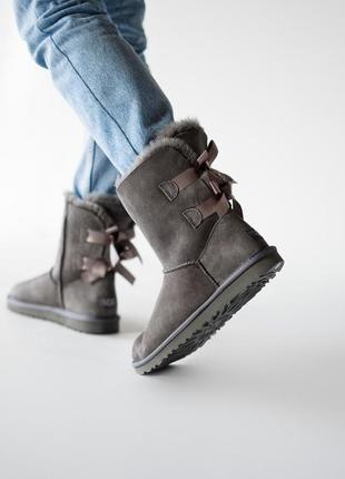 ❄️зимние женские угги❄️ugg bailey bow grey, серые кожаные угги, сапоги зима.