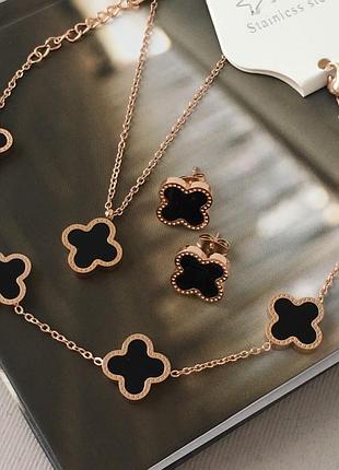 Женский комплект украшений с черным клевером и медицинского золота stainless steel, позолоченный