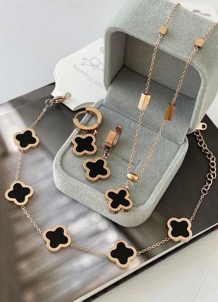 Женский комплект украшений с черным клевером и медицинского золота stainless steel, позолоченный