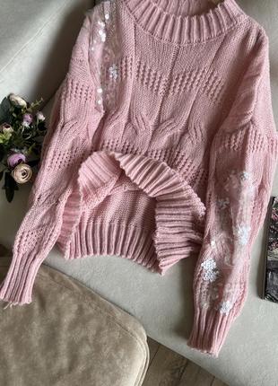 Розовый свитер оверсайз с блестками5 фото
