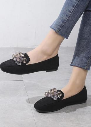 Жіночі балетки мокасини замшеві чорні італія з камінням сваровскі 36-40
