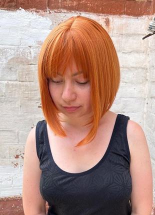 Парик рыжий каре с челкой, удобная стрижка. короткий