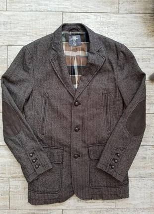 Куртка с налокотниками твидовый пиджак в елочку logg by h&m (s-m)
