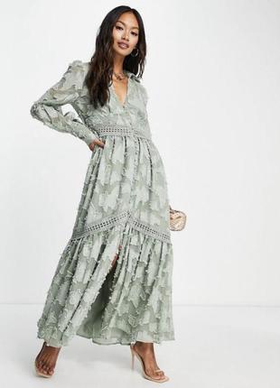 Платье макси цвета хаки с кружевными вставками и пуговицами asos design10 фото