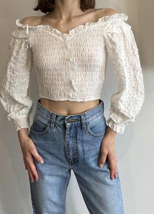 Zara новая хлопковая укороченная блуза топ жата со спущенными плечами2 фото