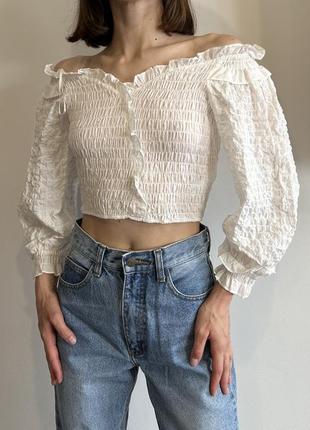 Zara новая хлопковая укороченная блуза топ жата со спущенными плечами1 фото