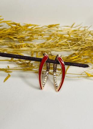 Серьги-подвесы медицинское золото с эмалью красные4 фото