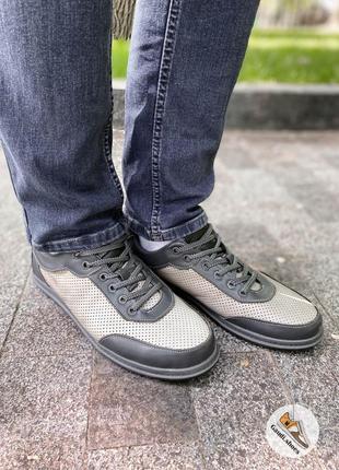 Мужские легкие кеды кроссовки из натуральной кожи+перфорация6 фото